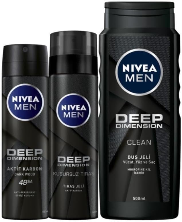 NIVEA MEN Mens Deep Dimension Care Set, Spray Deodorant 150 ml, Shaving Gel 200 ml and Shower Gel 500 ml, Long Lasting Refreshment