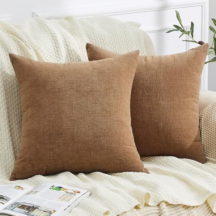 GAWAMAY Decorative Square 16x16 Inch Throw Pillow Covers Set of 2, Super Soft Chenille Pillows Farmhouse Fall Pillowcase for Living Room Bedroom Sofa Couch Cushion Cover Brown 40x40cm No Inserts