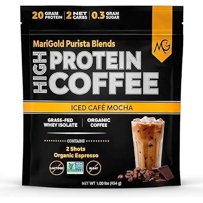 MariGold High Protein Coffee - Iced Cafe Mocha, 20g Grass Fed Whey Protein Isolate, Energy & Workout Boost, 2 Shots Organic Espresso, Non-GMO, 2 Net Carb, 1 Lb Bag, 15 Servings