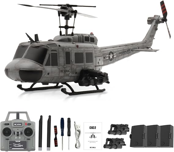RC ERA C032 RC Helicopter, 1/48 Scale 2.4G 6CH UH-1 Huey Flybarless RC Helicopter, 6-Axis Gyroscope Stabilization, with Altitude Hold & 3D Inverted Flight for Adults Enthusiasts(3 Battery)