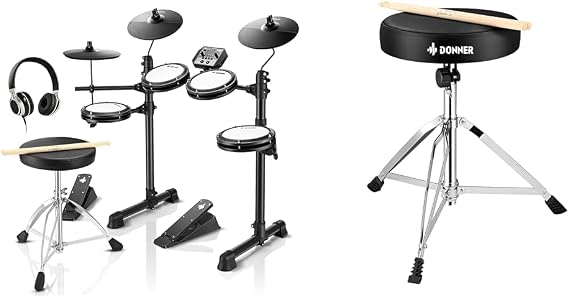 Donner DED-80 Electronic Drum Set with 4 Quiet Mesh Pads, 180+ Sounds, Bundle with Donner Drum Throne Set, Padded Seat Height Adjustable Drum Stools, 5A Drumsticks Included, Multiple Iterations