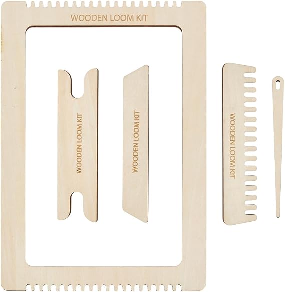 BEUNITONE 5 Pcs Wood Weaving Loom Kit for Beginners Weaving Loom Frame with Tools Bookmark Loom with Weaving Comb and Crochet Needle Wooden DIY with Wooden Stick Creative Weaving Art 13.78''* 9.84''