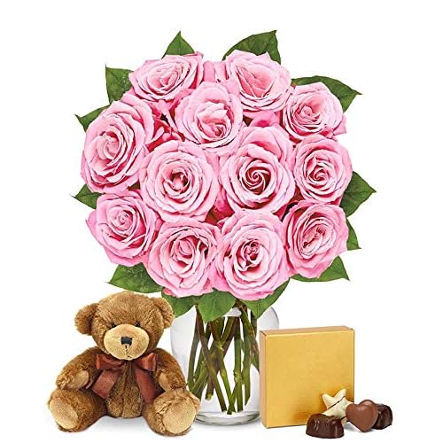 From You Flowers - One Dozen Pink Roses with Chocolates and a Bear with Glass Vase Fresh Flower Bouquets Birthday, Anniversary, Get Well, Congratulations, Thank You, All Occasions