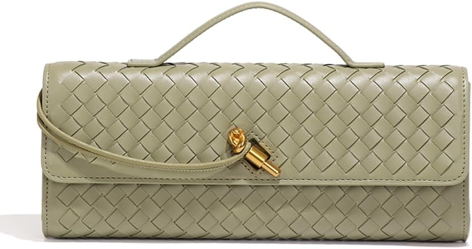 Women's Handmade Woven Evening Bag Leather Shoulder Clutch Handbag Fashion Crossbody Purse Light Grey