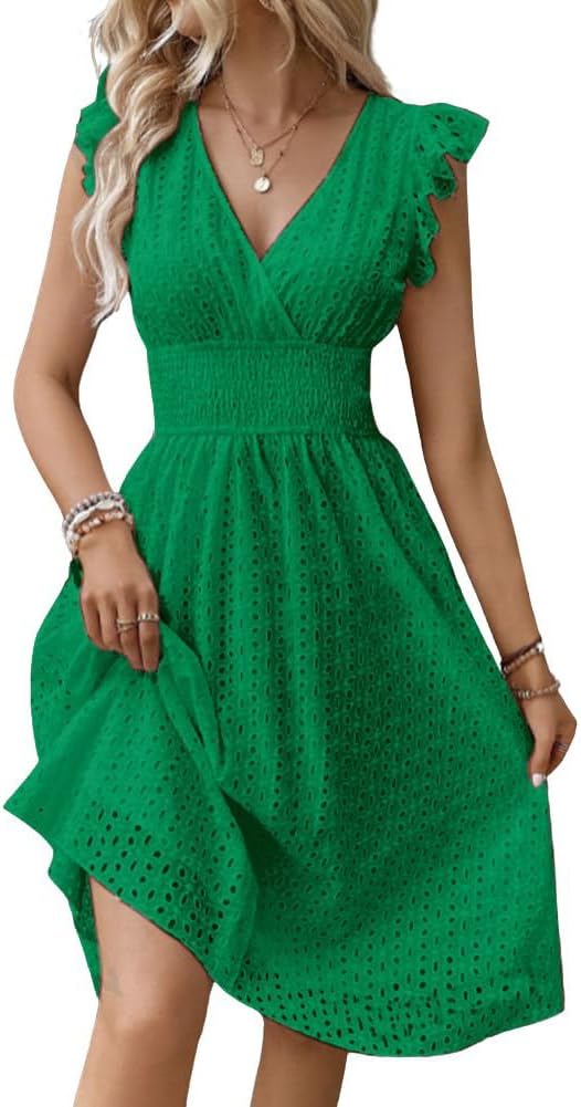 Women's Summer Sexy Eyelet Lace Embroidery Smocked Dress Flutter Sleeve A-Line Midi Long Beach Sundress
