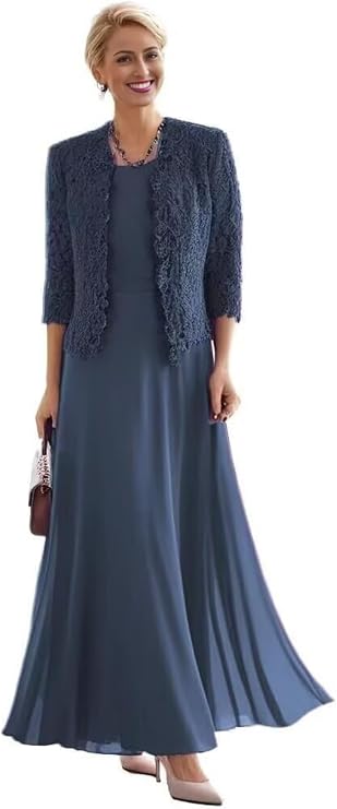 Chiffon Mother of The Bride Dresses with Jacket Lace Tea Length Wedding Guest Formal Party Evening Gown RO2