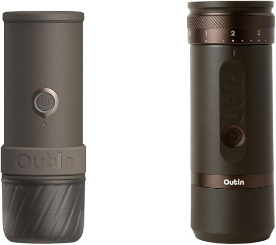 OutIn Mino with Fino, Portable Electric Espresso Machine with Portable Electric Coffee Grinder (Brown & Brown)