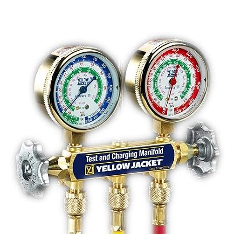 Yellow Jacket 42435 Series 41 Deluxe Manifold with Class 1 Brass Gauge, 60" Plus II Standard Fittings, psi