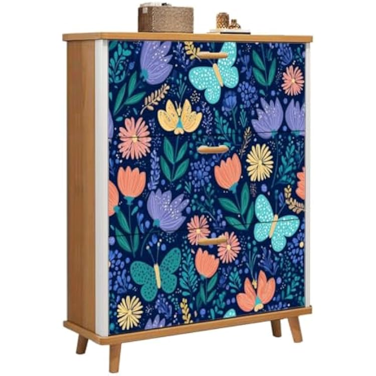 Shoe Cabinet with 3 Flip Drawers Seamless Butterflies Flowers Wooden Shoe Storage Cabinet Freestanding Hidden Shoe Rack Slim Shoe Organizer for Entryway