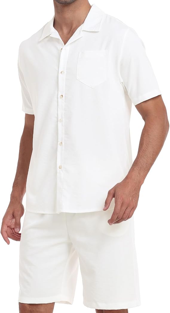 MoFiz Men's Linen Sets 2 Pieces Summer Vacation Party Beach Outfits Short Sleeve Button Down Shirts and Pants Set