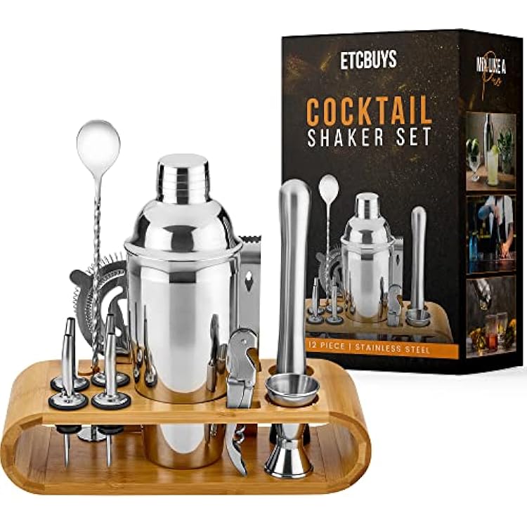 Mixology Bartender Kit - Home Bar Accessories Set with Jigger and Shakers for Bartending, 25oz Martini Shaker, Strainer, Spoon, Pourers, Muddler, Corkscrew, Bamboo Stand - Bar Supplies 12 Piece