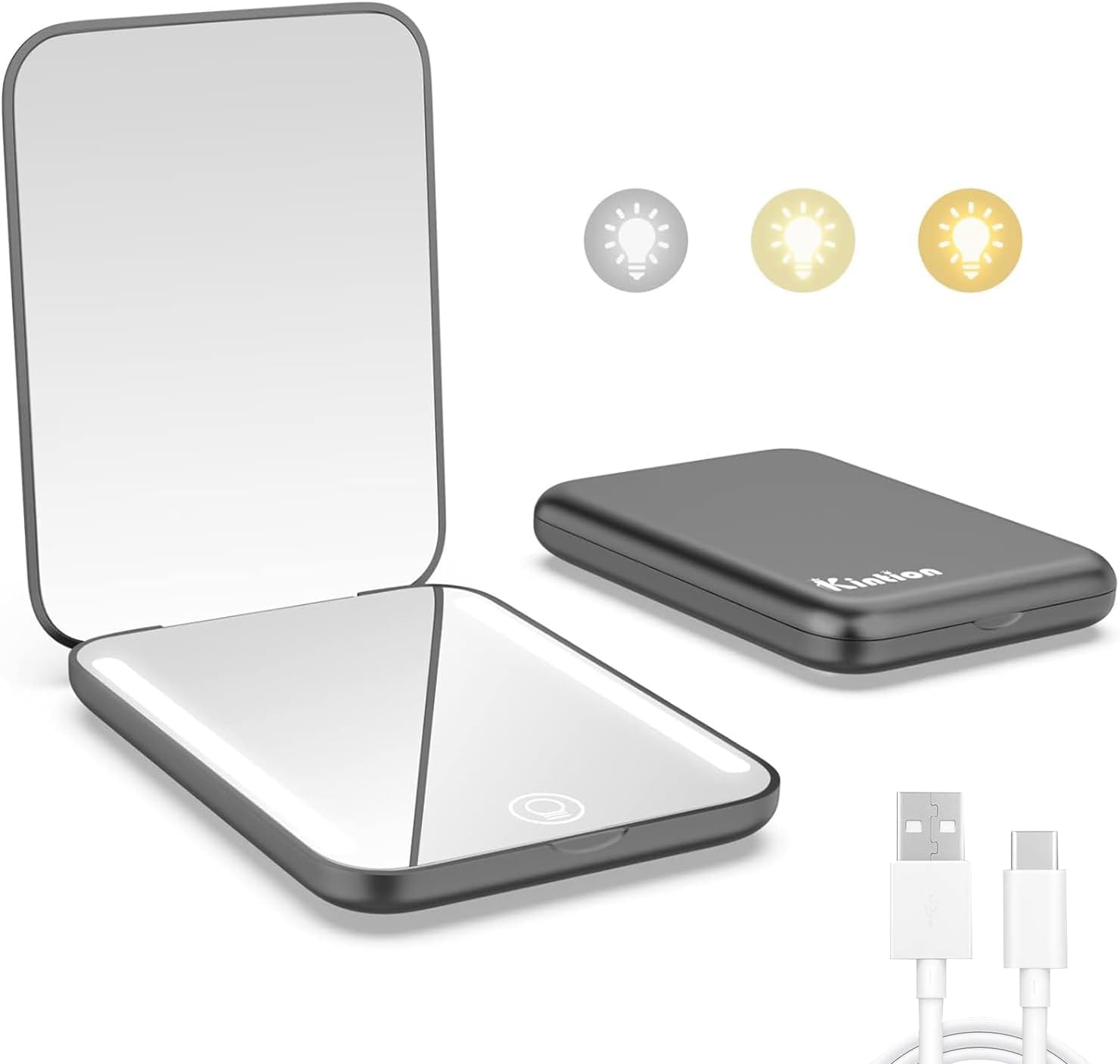 Kintion Rechargeable Pocket Mirror, 1X3X Magnification LED Compact Travel Makeup Mirror, 3 Color Temperature, Dimmable, 400mAh, Portable Compact Mirror, Small Purse Mirrors for Women Gift, Black
