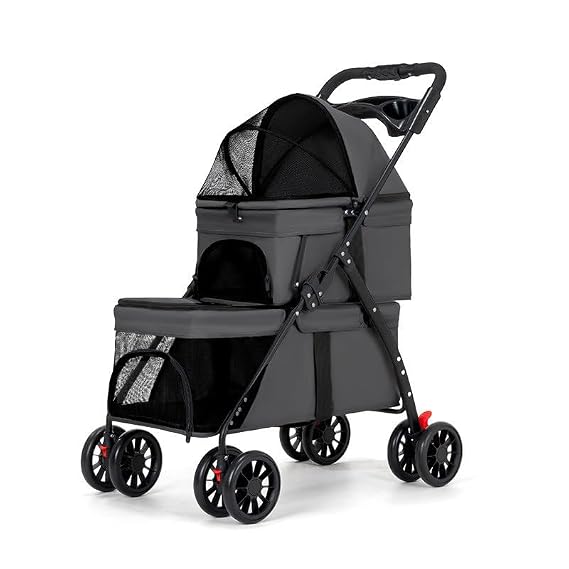 Double Pet Stroller for Dogs and Cats, One-Hand Foldable with Cup Holder