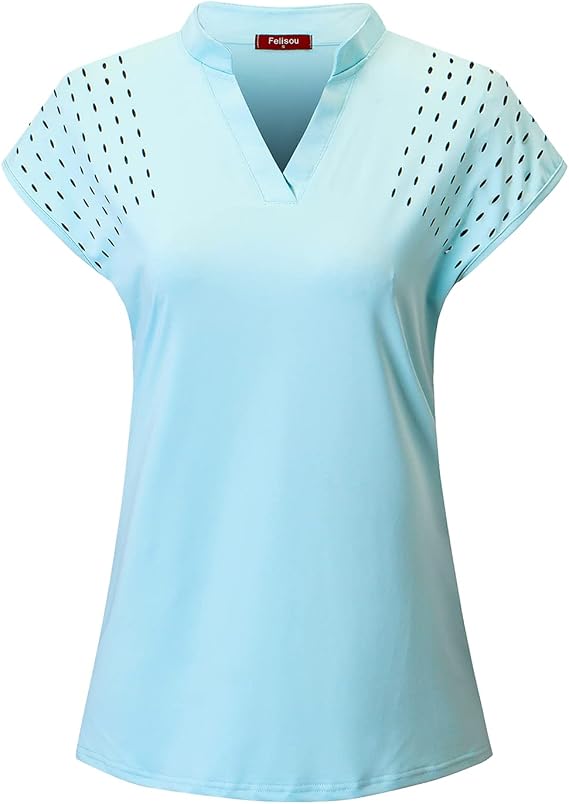 Felisou Gym Shirts for Women Short Sleeve, Golf Polo Shirts for Women Summer Tennis Sports Athletic Stretch Fashionable Work Wear Quick Dry Tops Light Blue X-Large