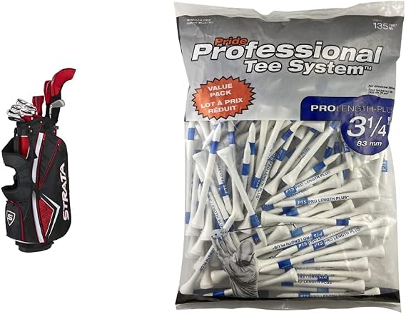 Callaway Golf Men's Strata Plus Complete 14 Piece Set (Right Hand, Steel), Red, Regular (4PKR190714067) & Pride Professional Tee System, 3-1/4 inch ProLength Plus Tee, 135 Count, White
