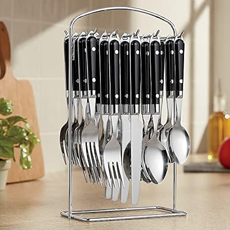 20-Piece Hanging Flatware Set with Rack (Black) | 4 place settings and a chrome-plated rack for countertop flatware storage Service for 4