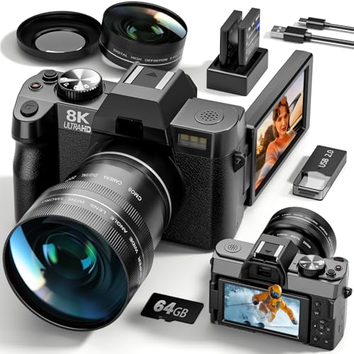 New 8K&64MP Digital Cameras for Photography&Video, Vlogging Camera for YouTube, Compact Camera with 64GB TF Card, WiFi,and Wide-Angle & Macro Len, AUTOFOCUS, 3-inch Flip Screen,2 BatteriesBlack