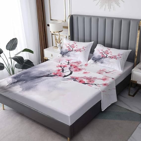 Cherry Blossom Sheets Queen Size - Japanese Bed Sheets, Soft Microfiber & Deep Pocket & Wrinkle Free Patterned Bedding Sheets & Pillowcases, 1 Fitted Sheet, 1 Flat Sheet, 2 Pillow Cases