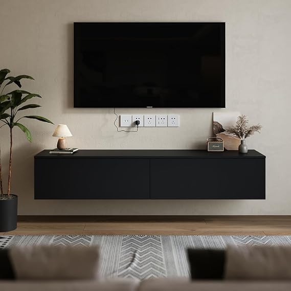 Warmiehomy Floating TV Unit Wall Mounted Media Wall TV Cabinet 160cm,Black