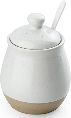 famiware Milkyway Sugar Bowl with Lid and Spoon, 10oz Ceramic Sugar JarPotDispenser for Salt, Condiments, Spice, Seasonings, Sugar Container for Coffee Bar, Home, Kitchen, and Countertop, White