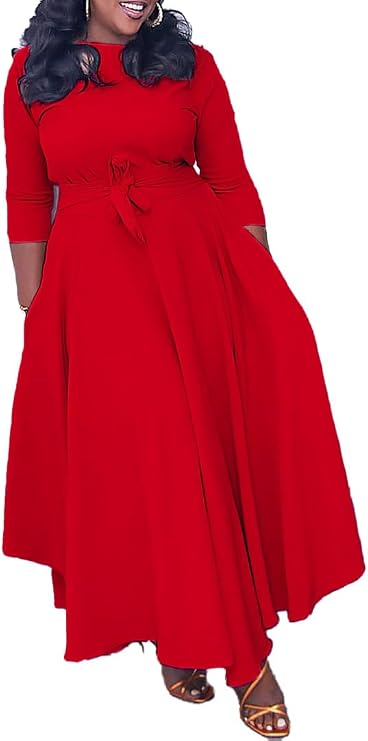 Baczoe Plus Size Maxi Dress for Curvy Women with Pockets | 3/4 sleeves, stretchy, round neckline, self tie waist, A-line swing skirt
