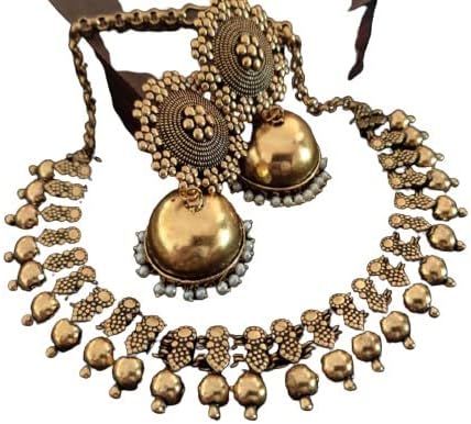 Mirraw Antique Gold Golden Necklace With Jhumka For Wedding Parties Bride Traditonal Ethnic For Women (Gold)