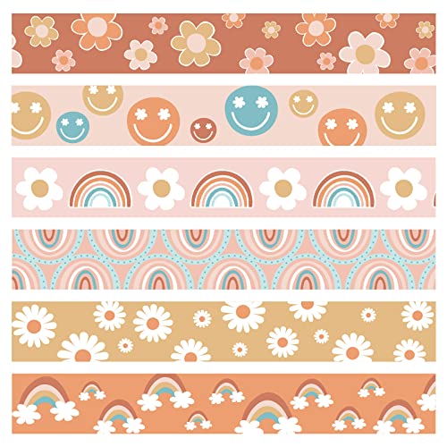 69Ft Groovy Bulletin Board Border Decorations Boho Straight Border Strips Retro Hippie Bulletin Board Stickers with Smile Daisy and Rainbow Border for Nursery Elementary Middle School Classroom Decor