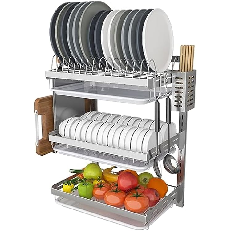 Wall Mounted Stainless Steel Dish Drying Rack with Hooks, Chopsticks Cage and Knife Holder, Kitchen Supplies Shelf Utensils Organizer Rack 23-Tier