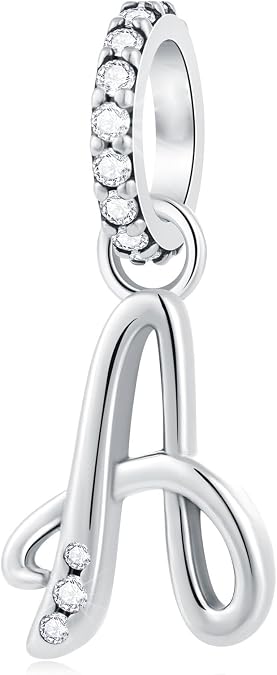 Complete Initial A-Z 26 Letter Dangle Charms, 925 Sterling Silver Dangling CZ Stone Alphabet Beads, fits European Bracelet Necklace, Gift for Mother/Dad/Daughter/Son/Sister/Birthday