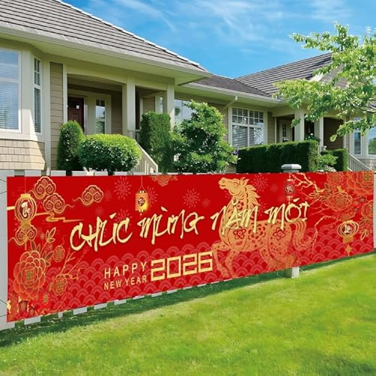 Tet Decorations 2026 Banner with 12 Red Envelopes Vietnamese New Year Banner for Outside Vietnamese Lunar New Year Decorations