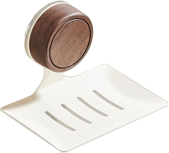 No-Drill Soap Dish, Suction Cup Soap Holder for Shower & Bathroom | Walnut & Stainless Steel Holder with Self-Draining Design; Removable, Reusable, Waterproof,Ideal for Shower, Bathtub, Kitchen