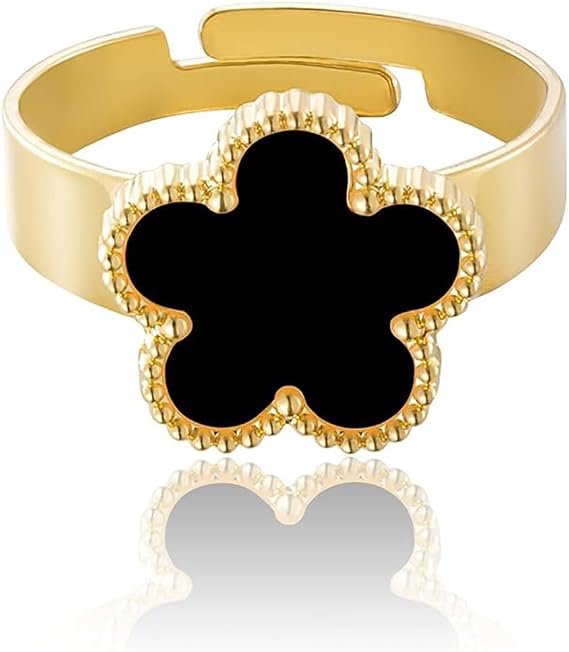 Gold Plated Five Leaf Clover Ring for Women, Lucky Flower Jewelry,Lucky rings for women to wear everyday (D)