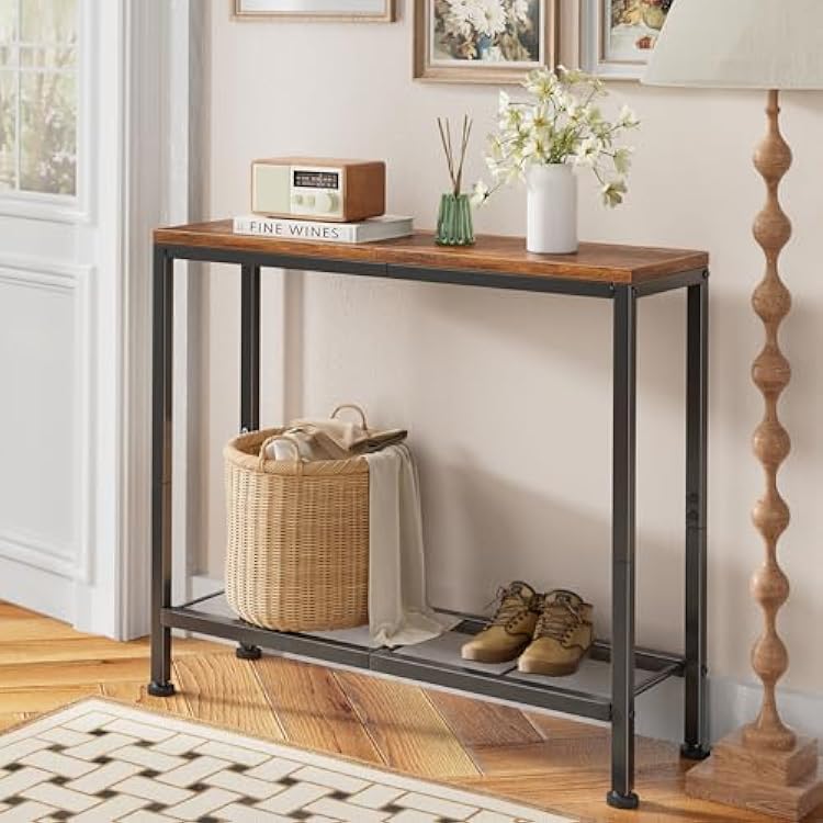 Simple Trending Narrow Console Table, 32 Entryway Table, Couch Sofa Side Table with Storage Shelf, for Display, Living Room, Hallway, Rustic Brown