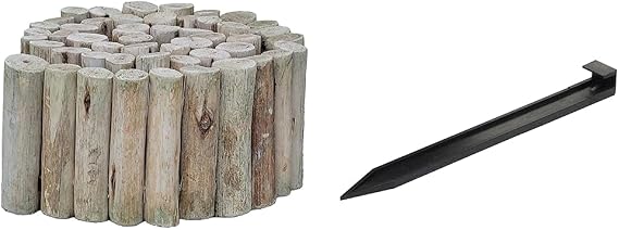 Backyard X-Scapes Natural Eucalyptus Wood Solid Log for Garden Edging Lawn Landscape Fence Borders 72 in L x 6 in H x 1.25 in D & EasyFlex 10 in. Landscape Anchoring Stake Pack - 10 Ct, Black