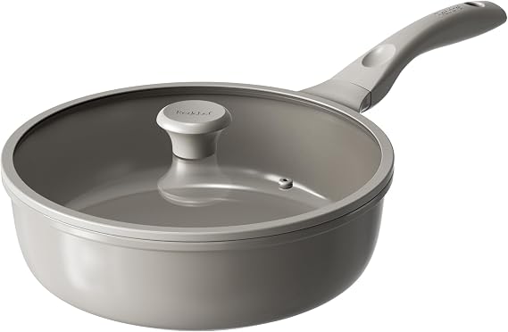 Redchef Deep Ceramic Frying Pan with Lid, Nonstick Saute Pan Cookware All Cooktop Compatibility, Stay-Cool Handles, PFOA Free, Healthy Coating, Tempered Glass Cover, Even Heat, Grey (3.7Qt, 10")