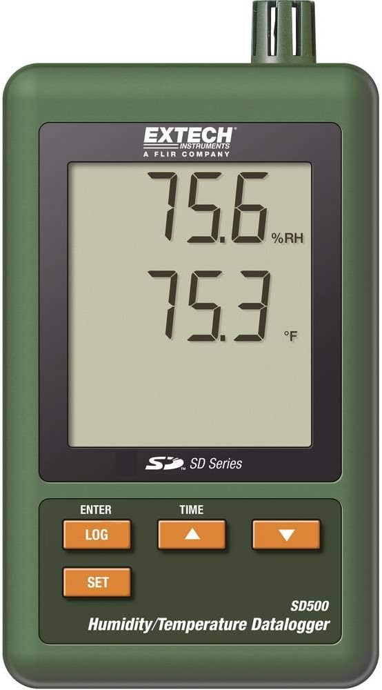 Extech SD500 Humidity and Temperature Datalogger | RH, temperature, dew point, wet bulb, dual backlit LCD, SD card Excel recording, MIN/MAX, selectable sampling