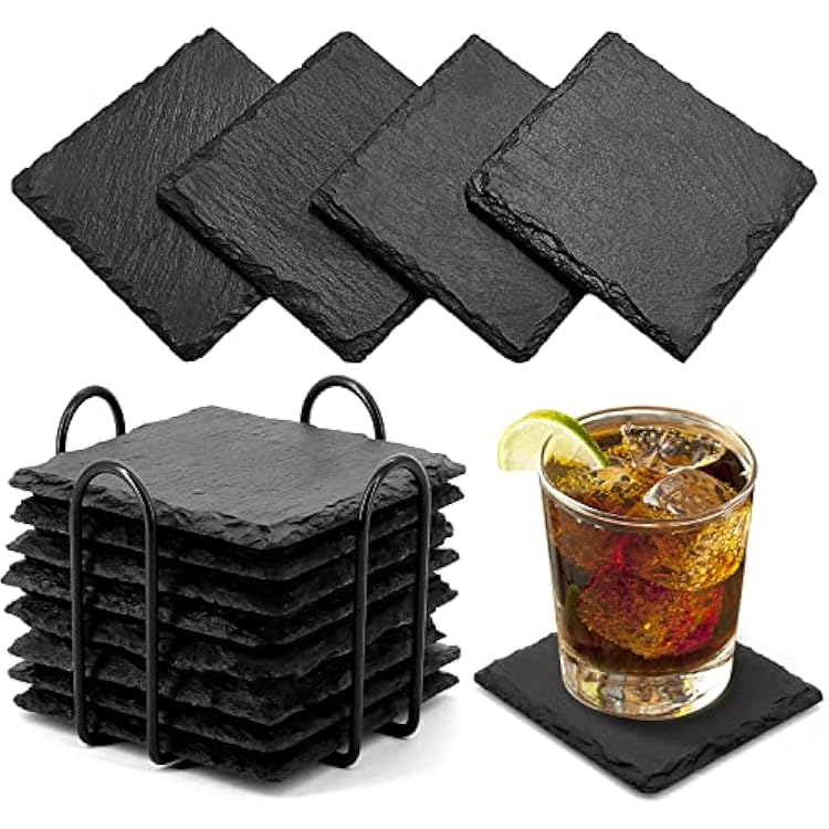 Slate Stone Coasters, 8 Pieces Square Drink Coaster Handmade Natural Coaster DIY Stone Coasters for Drinks Cup Coaster for Drink Bar Kitchen and Home Decor, 4 x 4 Inches
