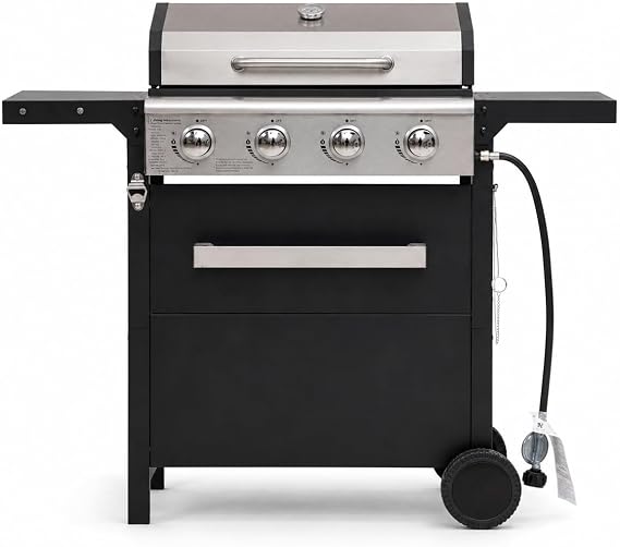 Upgraded Propane Gas Grill, 3 or 4 Burner Outdoor BBQ Grill with Stainless Steel Lid, Large Cooking Area, Side Shelves, Cabinet & Wheels for Patio Backyard (4-Burner Propane Gas Grill)