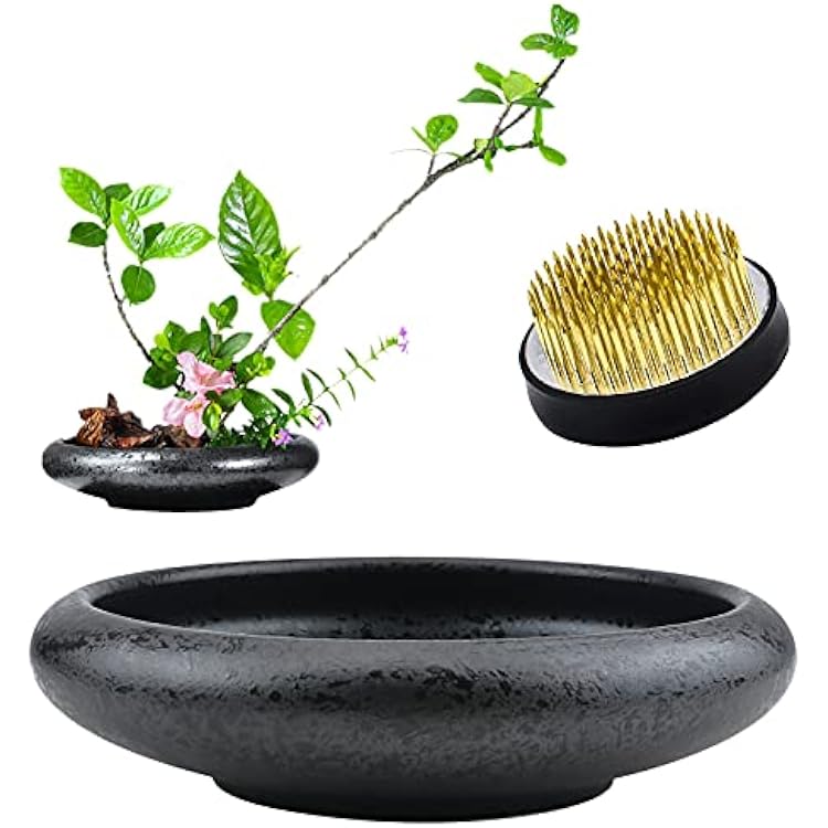 Flower Arrangement Supplies, Deep Round Ceramic Ikebana Flower Vase with 5cm Kenzan Flower Frog for Floral Arrangement Home Decoration, Black Spotted