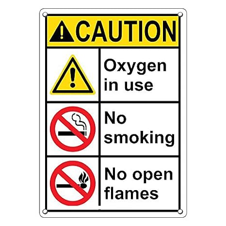Weatherproof Plastic Vertical ANSI Caution Oxygen in Use No Smoking No Open Flames Sign with English Text and Symbol
