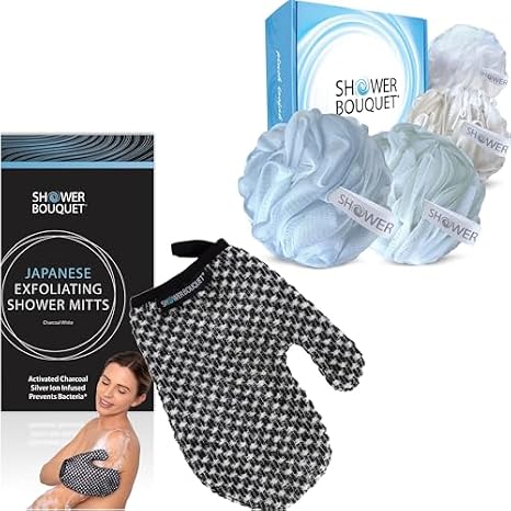 SHOWER BOUQUET Soft-Pastel-Loofah 4-Pack, Japanese-Exfoliating-Glove 1-Pack
