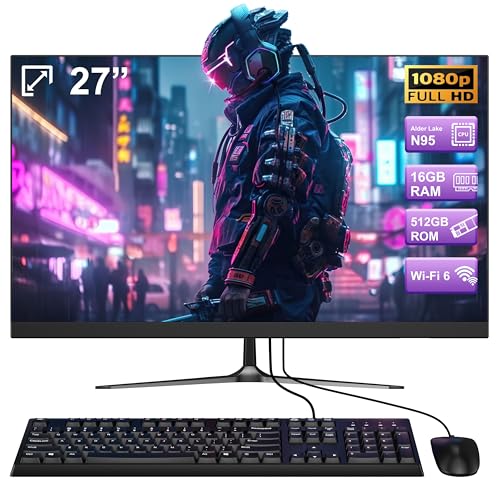 All-in-One Desktop Computer Alder Lake N95 27 inch All-in-One PC 16GB RAM 512GB ROM Full HD IPS Display USB3.04 Built in Speaker Dual-Band WiFi&Bluetooth 5.1 with Wired Keyboard and Mouse.