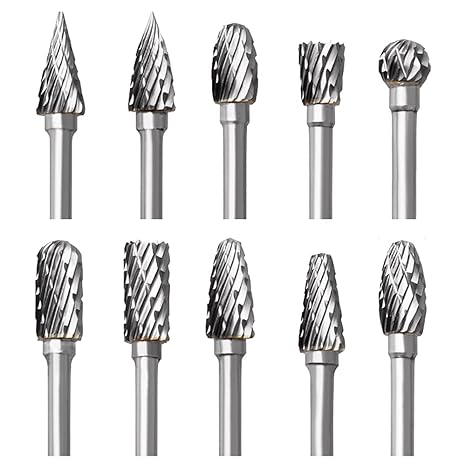 Tungsten Carbide Rotary Burr Set for Dremel, 10PCS Carbide Double Cut Carving Burr Bits with 1/8 Shank Rotary Tool Accessories for Woodworking, Engraving, Drilling, Steel Metal Working