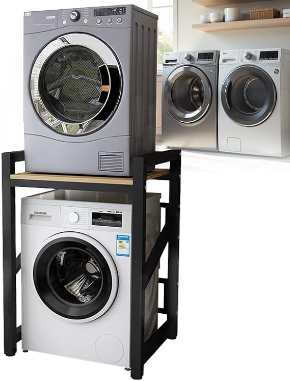 Washer Dryer Stand Stacking Kits, 3 Gear Height Adjustable Washing Machine Stacking Kits, Tumble Dryer Stacker Unit, 660lbs Max Load, 4X4cm Thick Metal Frame, for Bathroom Laundry Room (Balck A)