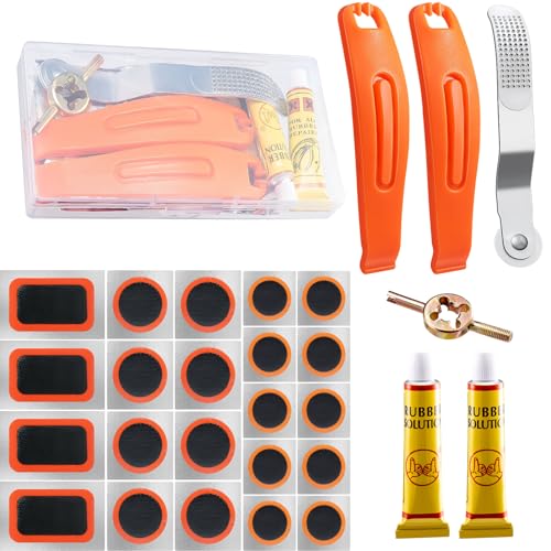29 PCS Bike Tire Repair Kits - 22 PCS Patches,Tire Repair Glue, Tire Levers, Metal Rasp & Roller, Valve Wrench, Portable Bicycle Inner Tube Puncture Patch Kit for BMX MTB Road Bike Motorcycle