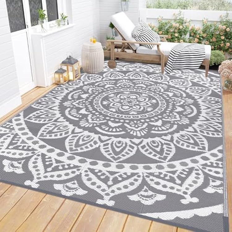 Bsmathom Waterproof Outdoor Rug 6x9 Reversible Boho Plastic Straw Patio Deck Camping Rugs, Indoor Outdoor Portable RV Mat Clearance Carpet for Outside, Porch, Balcony, Backyard, Beach, Pool,Grey