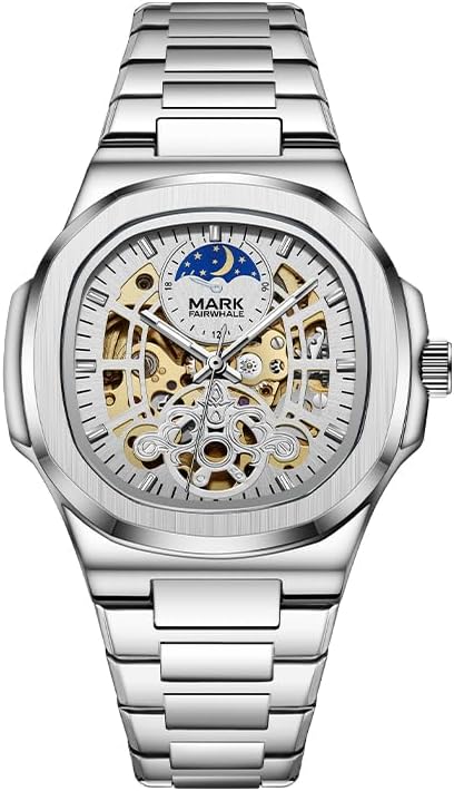 Automatic Watch Men's Fashion Moon Phase Dial Tournament Watch Stainless Steel Waterproof Skeleton Mechanical Wrist Watch for Men, Silver, Fashion