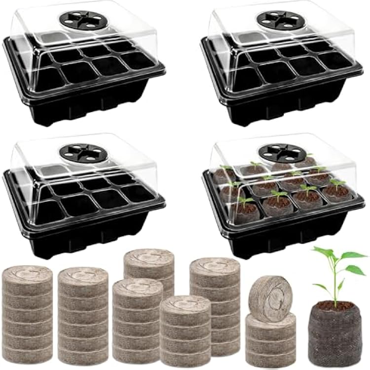 Halatool 4 Pack Seed Starter Tray with 50 PCS Peat Pellets, 48 Cells Black Seeding Starter Trays for Organic Seed Starter Soil Pods for Planting Vegetables Plants Flowers - Starting Seeds Kit