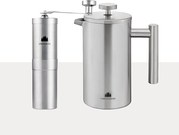 Groenenberg Economy Set 1 French Press Thermo 1 Litre + Manual Coffee Grinder Stainless Steel Coffee Press Coffee Maker + Hand Coffee Grinder