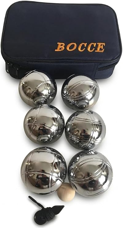 BuyBocceBalls Listing - 73mm Metal Petanque Set with 6 Silver Balls and Blue Bag - Single